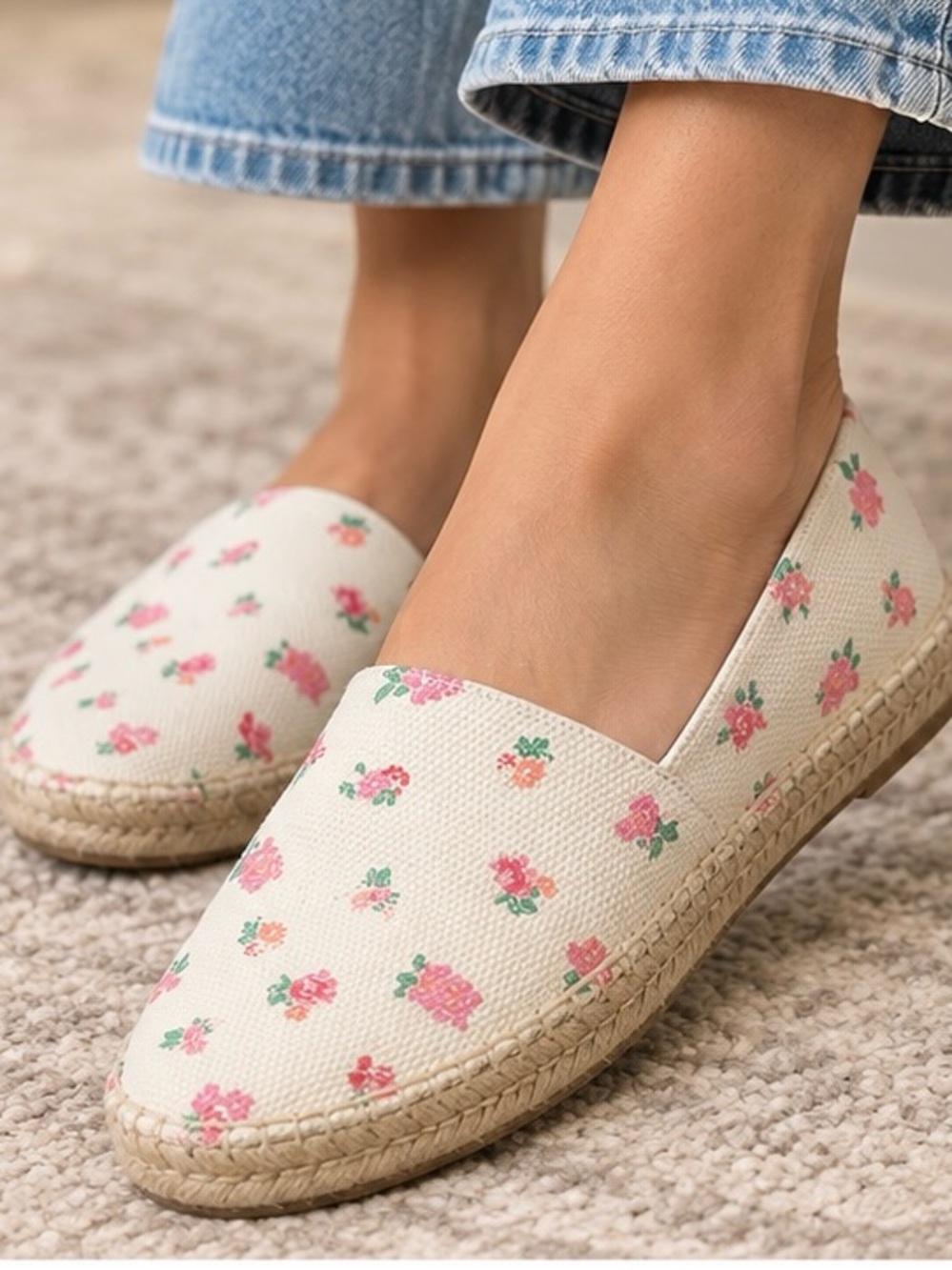 Coach White Canvas Espadrilles with Pink Rose Print